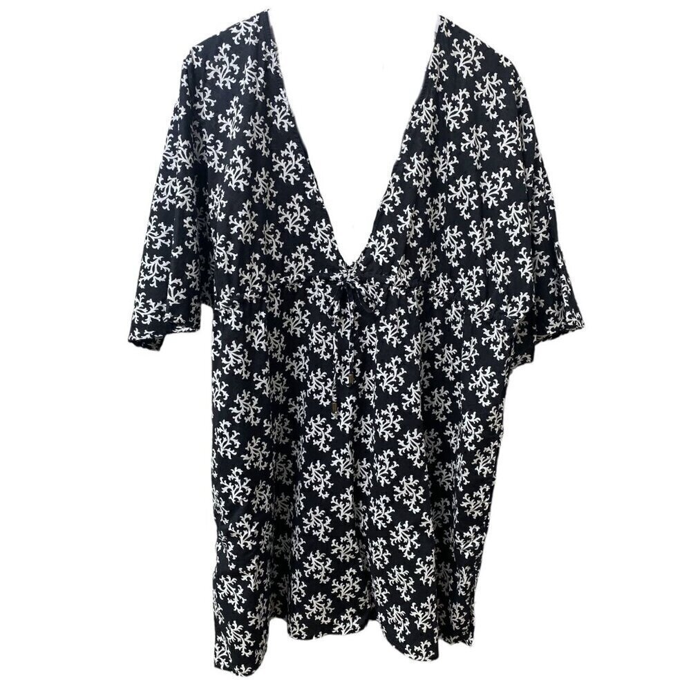 LANDS END Tunic Top XL Womens Beach Coverup Cotton Black White Cotton